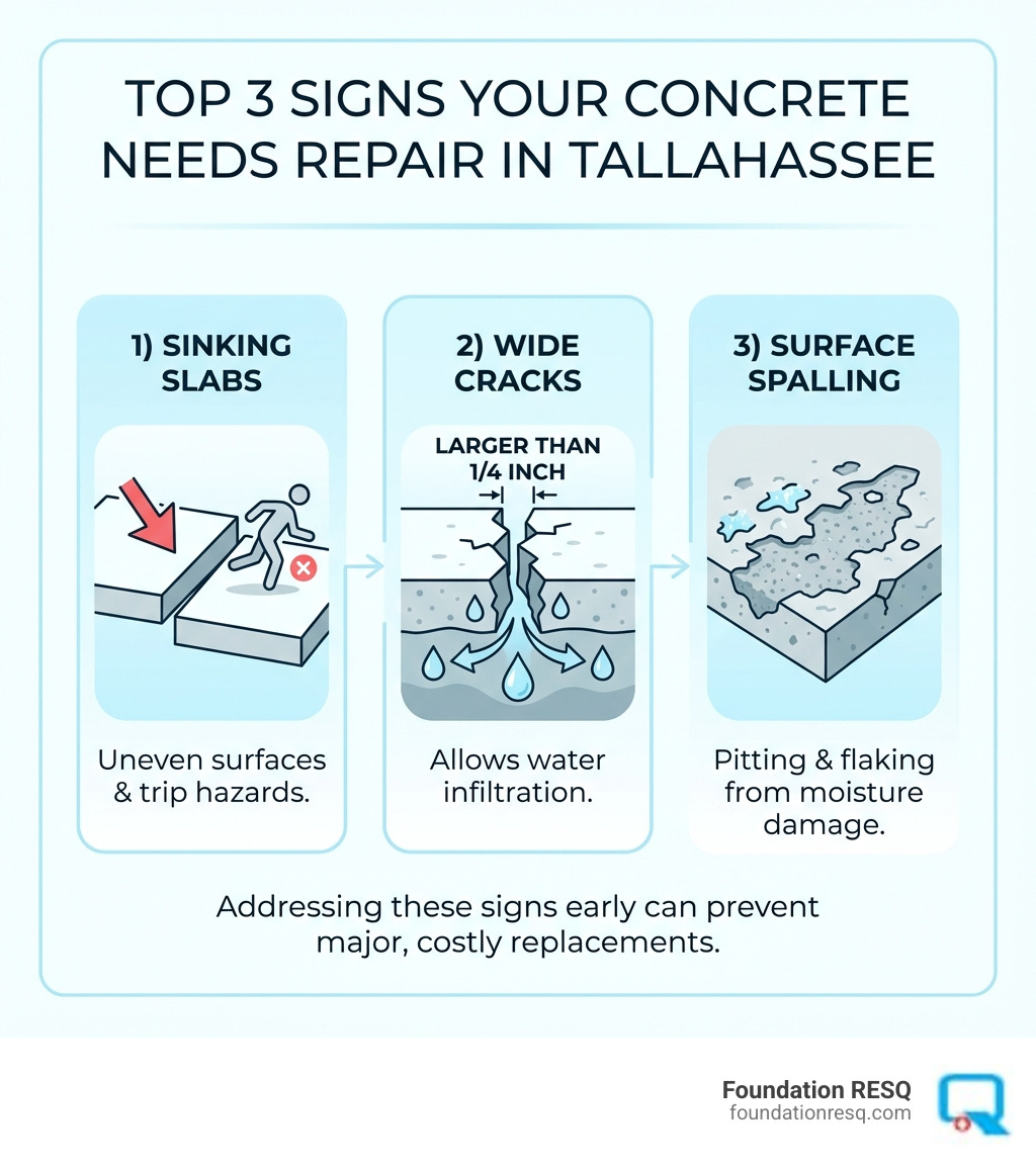 Infographic showing the top 3 signs your concrete needs repair in Tallahassee: 1) Sinking slabs that create uneven surfaces and trip hazards, 2) Wide cracks larger than 1/4 inch that allow water infiltration, and 3) Surface spalling with pitting and flaking caused by moisture damage - concrete repair tallahassee infographic 