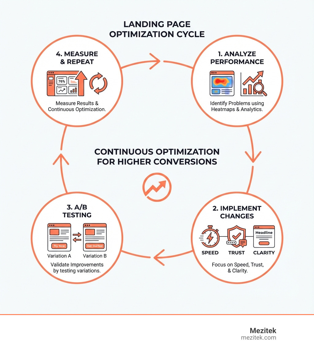 Infographic showing the landing page optimization cycle: Analyze performance using heatmaps and analytics to identify problems, then implement changes focused on speed, trust, and clarity, followed by A/B testing variations to validate improvements, and finally measuring results and repeating the process for continuous optimization - increase landing page conversion rate infographic Infographic showing the landing page optimization cycle: Analyze performance using heatmaps and analytics to identify problems, then implement changes focused on speed, trust, and clarity, followed by A/B testing variations to validate improvements, and finally measuring results and repeating the process for continuous optimization - increase landing page conversion rate infographic