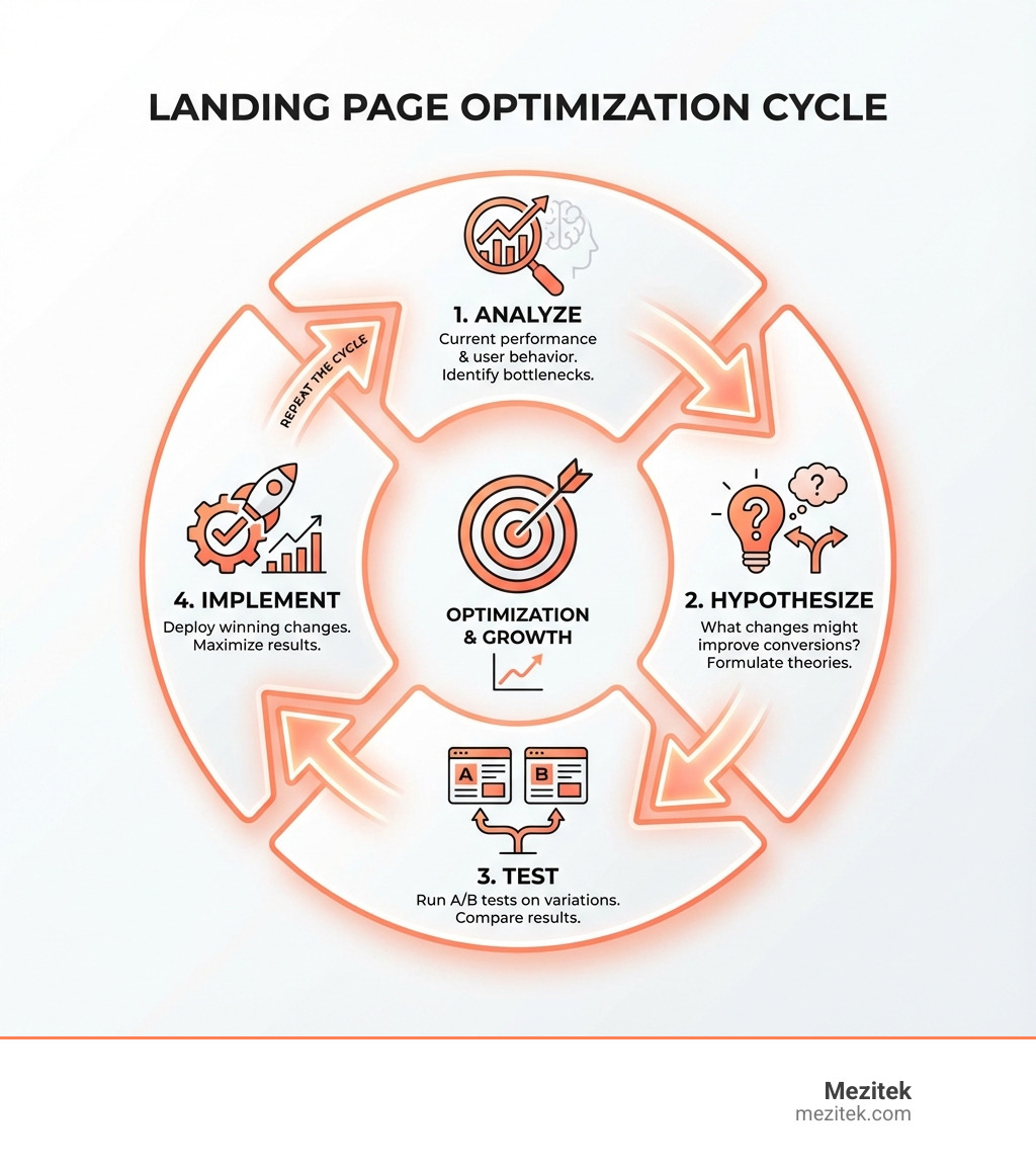 infographic showing the landing page optimization cycle: starting with Analyze current performance and user behavior, moving to Hypothesize what changes might improve conversions, then Test variations through A/B testing, and finally Implement winning changes and repeat the cycle - website landing page optimization infographic infographic showing the landing page optimization cycle: starting with Analyze current performance and user behavior, moving to Hypothesize what changes might improve conversions, then Test variations through A/B testing, and finally Implement winning changes and repeat the cycle - website landing page optimization infographic