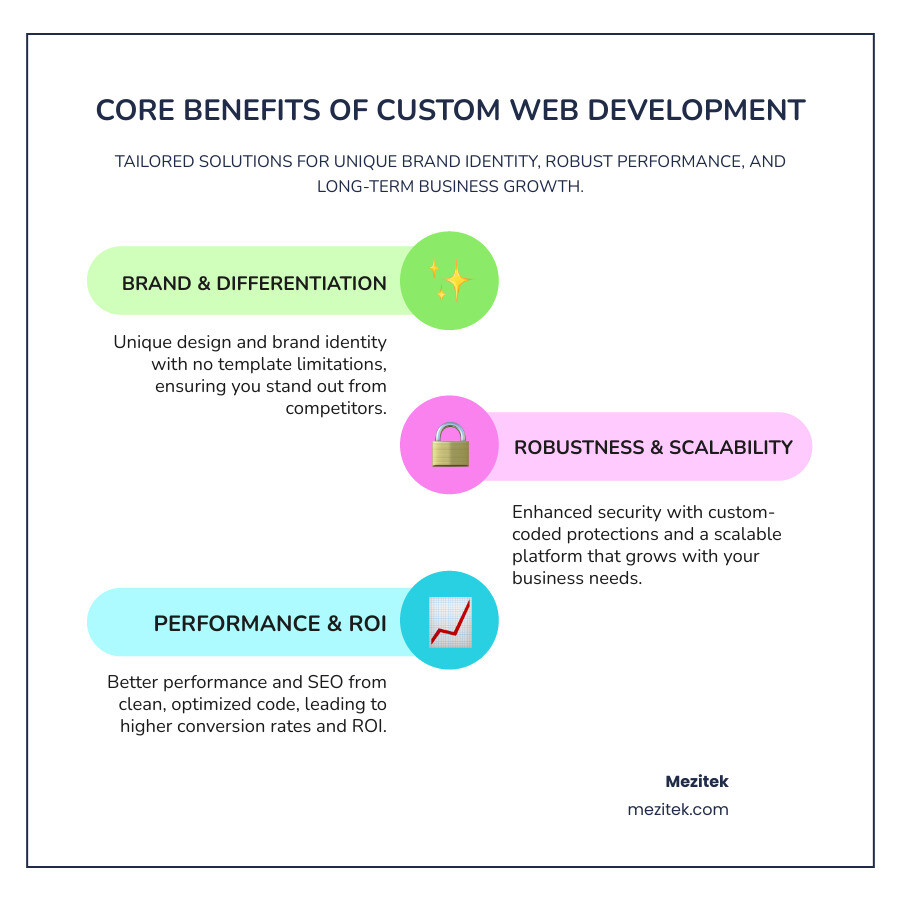 Infographic showing the core benefits of custom web development: Unique Design & Brand Identity (no template limitations), Enhanced Security (custom-coded protections), Better Performance & SEO (clean, optimized code), Scalability (grows with your business), Higher ROI (tailored for your specific conversion goals), Competitive Advantage (stand out from competitors using templates) - custom web development firm infographic infographic-line-3-steps-colors
