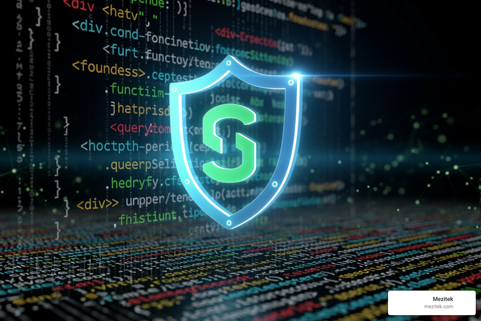 improved security with a shield icon over website code - custom web development firm