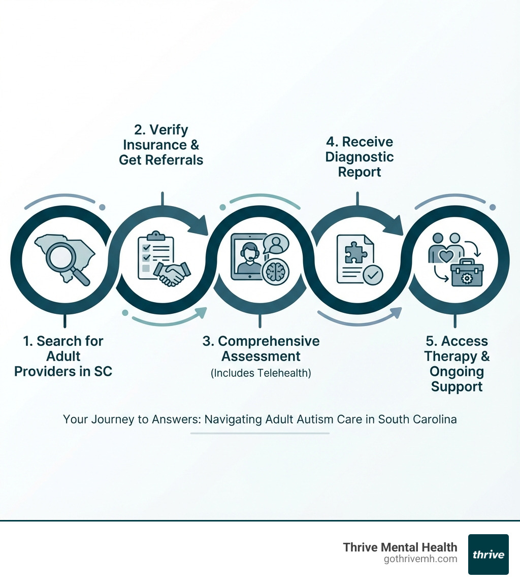 Step-by-step guide showing the path from searching for adult autism providers in South Carolina to receiving diagnosis and accessing treatment, including virtual telehealth options, insurance verification, specialist referrals, comprehensive assessment process, diagnostic report, and ongoing therapy and support resources - Find providers for autism diagnosis and treatment for adults in South Carolina. infographic Step-by-step guide showing the path from searching for adult autism providers in South Carolina to receiving diagnosis and accessing treatment, including virtual telehealth options, insurance verification, specialist referrals, comprehensive assessment process, diagnostic report, and ongoing therapy and support resources - Find providers for autism diagnosis and treatment for adults in South Carolina. infographic