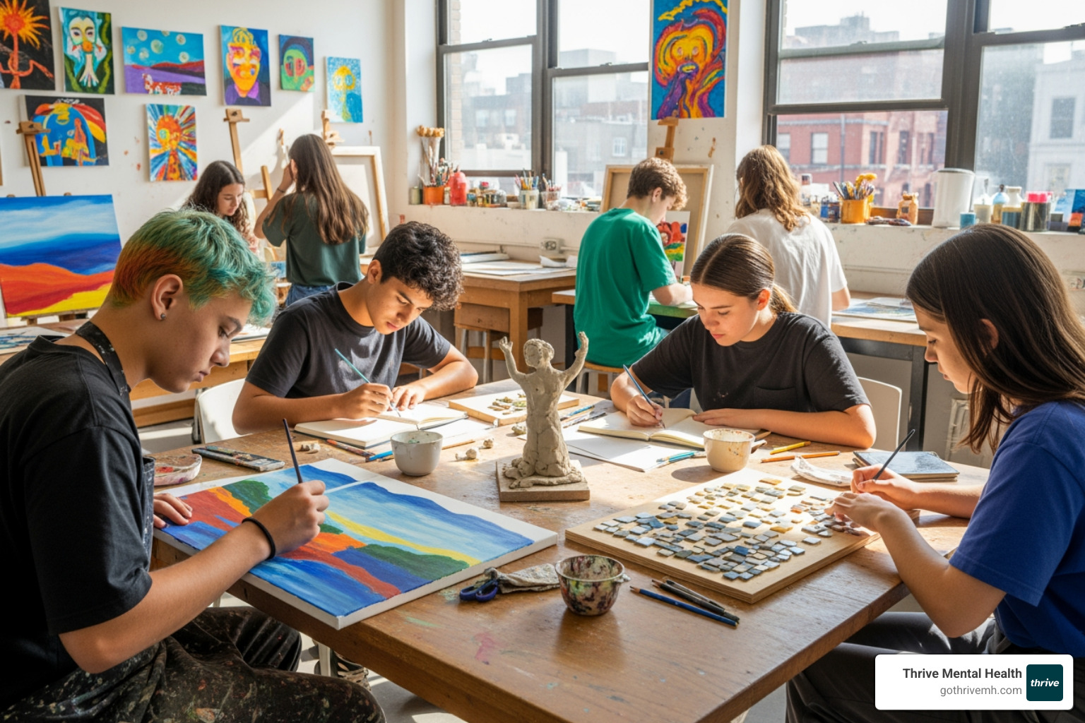 Various art supplies like paint, clay, and markers - Find mental health programs that use art therapy activities for adolescents in my area.