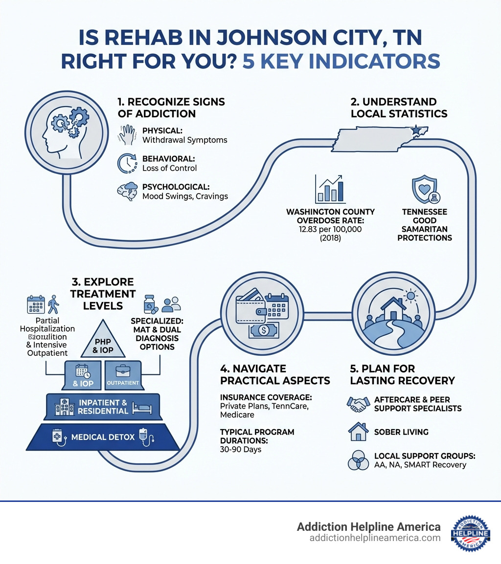 Infographic showing the five key indicators that drug and alcohol rehab in Johnson City Tennessee is right for you: 1) Recognizing physical, behavioral, and psychological signs of addiction including withdrawal symptoms and loss of control, 2) Understanding local substance abuse statistics with Washington County's 12.83 per 100,000 overdose rate and Tennessee's Good Samaritan protections, 3) Exploring treatment levels from medical detox through inpatient, PHP, IOP, and outpatient programs with specialized MAT and dual diagnosis options, 4) Navigating practical aspects including insurance coverage through private plans, TennCare, and Medicare plus typical 30-90 day program durations, and 5) Planning for lasting recovery through aftercare, sober living, peer support specialists, and local support groups like AA, NA, and SMART Recovery - drug and alcohol rehab in johnson city tennessee infographic Infographic showing the five key indicators that drug and alcohol rehab in Johnson City Tennessee is right for you: 1) Recognizing physical, behavioral, and psychological signs of addiction including withdrawal symptoms and loss of control, 2) Understanding local substance abuse statistics with Washington County's 12.83 per 100,000 overdose rate and Tennessee's Good Samaritan protections, 3) Exploring treatment levels from medical detox through inpatient, PHP, IOP, and outpatient programs with specialized MAT and dual diagnosis options, 4) Navigating practical aspects including insurance coverage through private plans, TennCare, and Medicare plus typical 30-90 day program durations, and 5) Planning for lasting recovery through aftercare, sober living, peer support specialists, and local support groups like AA, NA, and SMART Recovery - drug and alcohol rehab in johnson city tennessee infographic