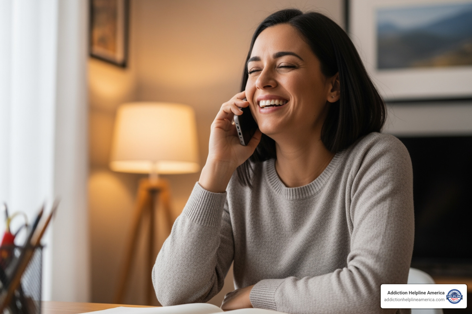 A person sitting comfortably at a desk, speaking on the phone with a relieved and hopeful expression, symbolizing a positive step towards seeking help. - drug and alcohol rehab in johnson city tennessee A person sitting comfortably at a desk, speaking on the phone with a relieved and hopeful expression, symbolizing a positive step towards seeking help. - drug and alcohol rehab in johnson city tennessee