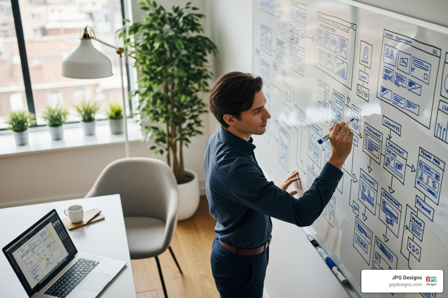 Person storyboarding a website layout on a whiteboard - small business web page design