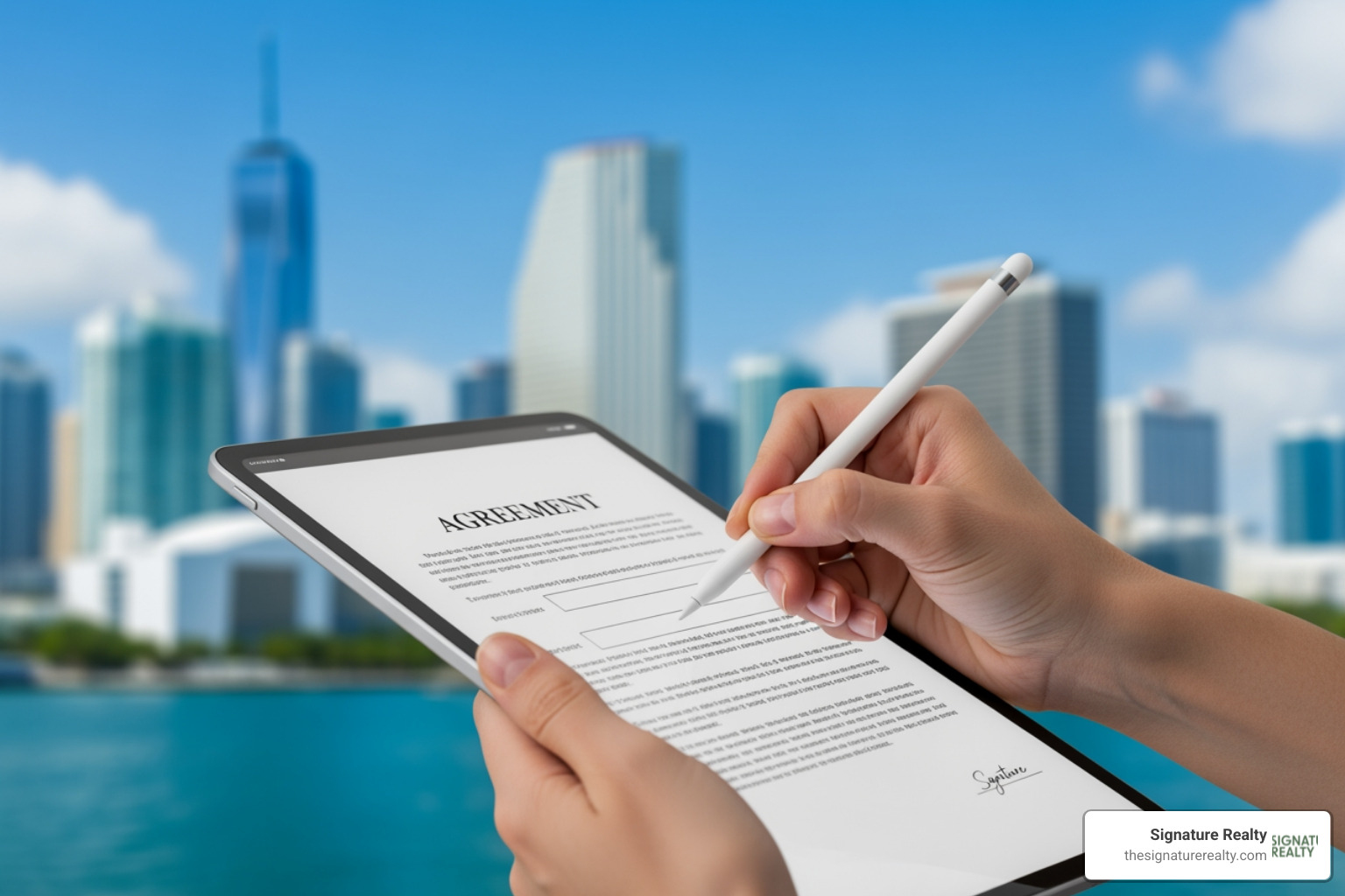 A person signing a digital document on a tablet with a backdrop of the Miami skyline. - virtual office registration A person signing a digital document on a tablet with a backdrop of the Miami skyline. - virtual office registration