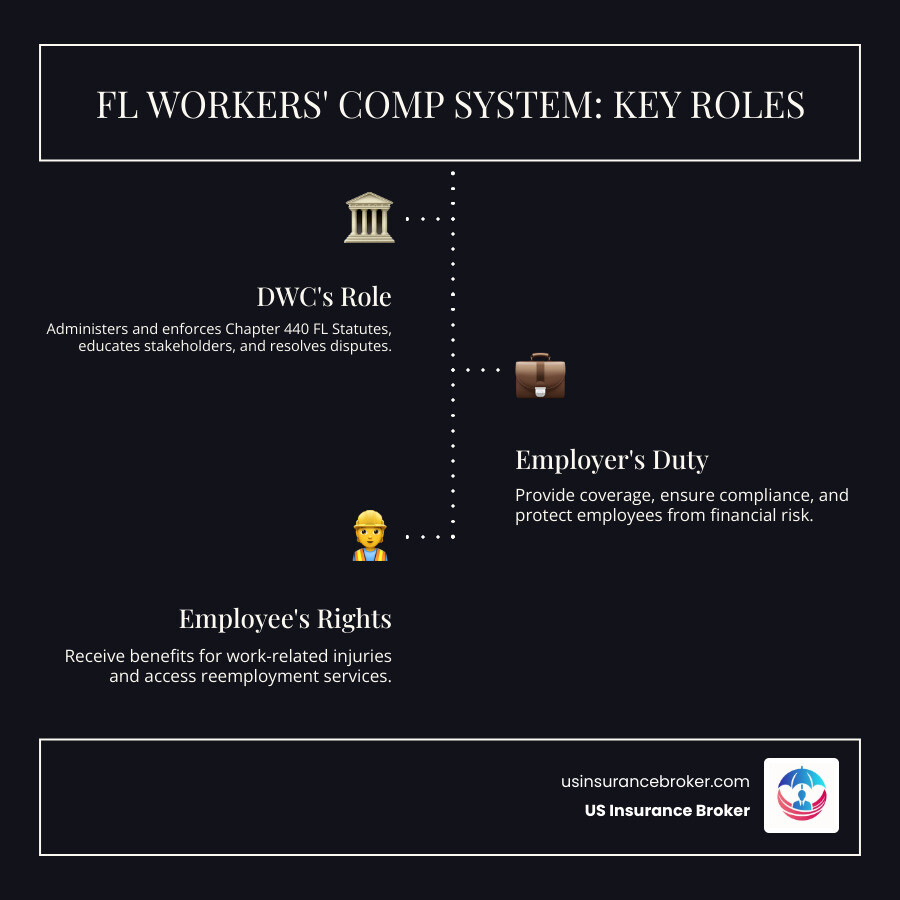 Infographic showing the Florida workers' compensation system structure with three main components: the Florida Division of Workers' Compensation at the center overseeing the system, employers on the left responsible for providing coverage and maintaining compliance, and employees on the right entitled to benefits for work-related injuries, with arrows showing the Division's role in educating all parties, enforcing compliance through the Bureau of Compliance, facilitating dispute resolution through the Ombudsman Office, and maintaining public databases for coverage verification - florida division of workmans comp infographic infographic-line-3-steps-dark Infographic showing the Florida workers' compensation system structure with three main components: the Florida Division of Workers' Compensation at the center overseeing the system, employers on the left responsible for providing coverage and maintaining compliance, and employees on the right entitled to benefits for work-related injuries, with arrows showing the Division's role in educating all parties, enforcing compliance through the Bureau of Compliance, facilitating dispute resolution through the Ombudsman Office, and maintaining public databases for coverage verification - florida division of workmans comp infographic infographic-line-3-steps-dark