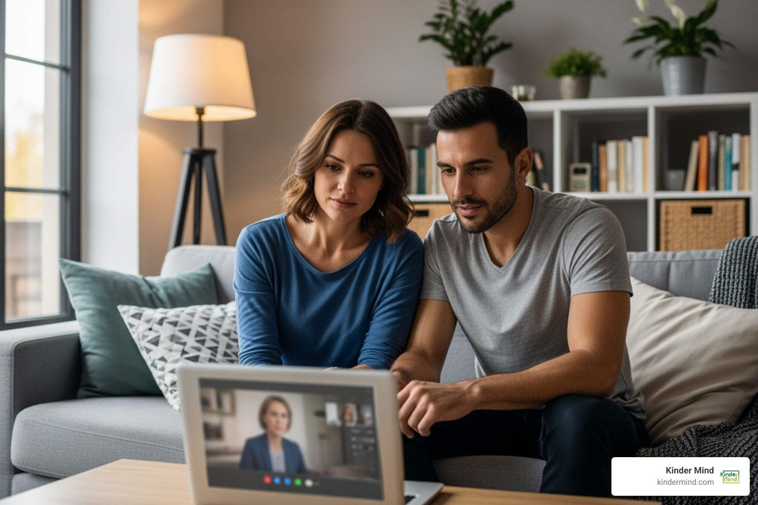 Couple on a couch using a laptop for a therapy session - Virtual therapy for couples