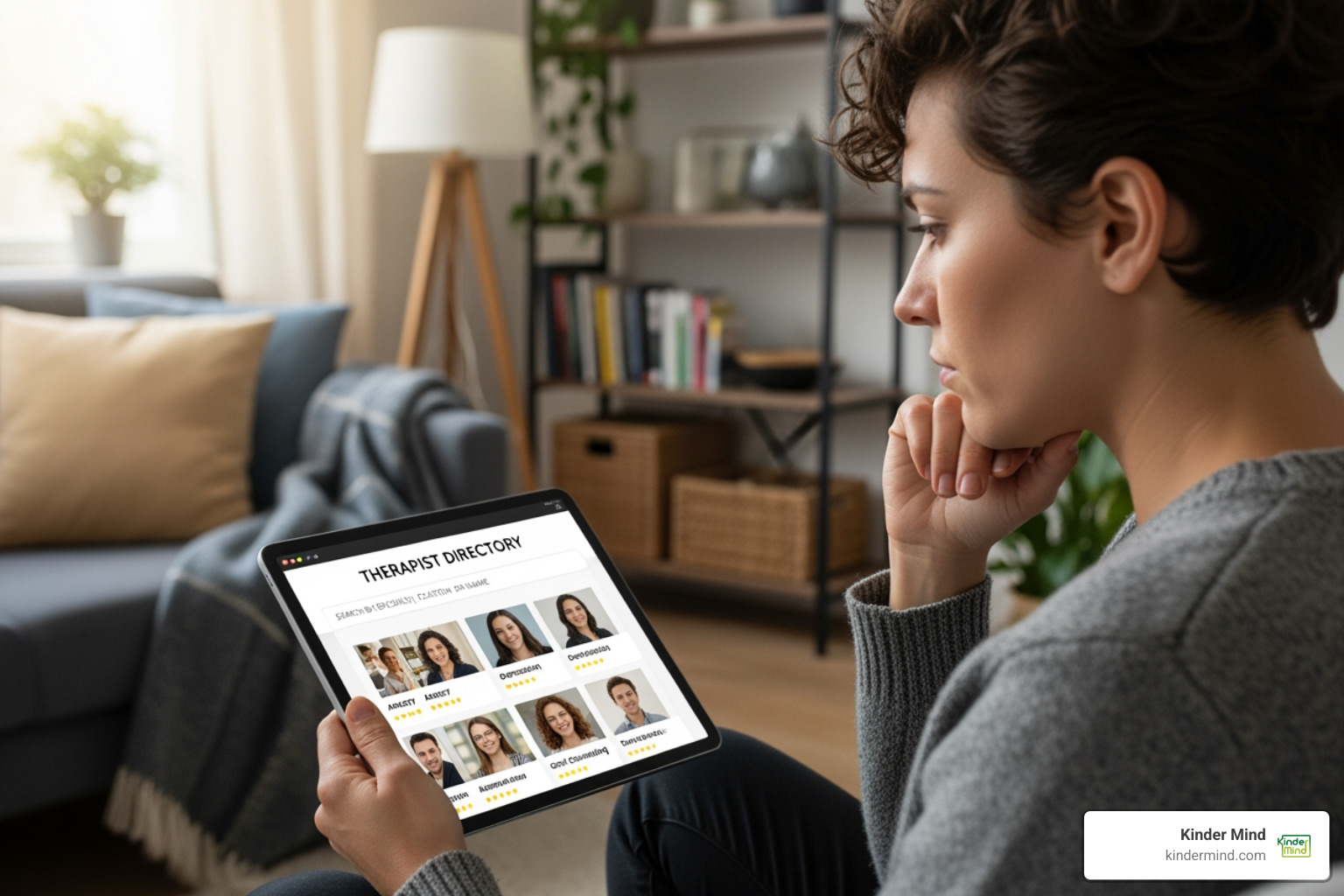 Person thoughtfully browsing a therapist directory on a tablet - Virtual therapy for couples