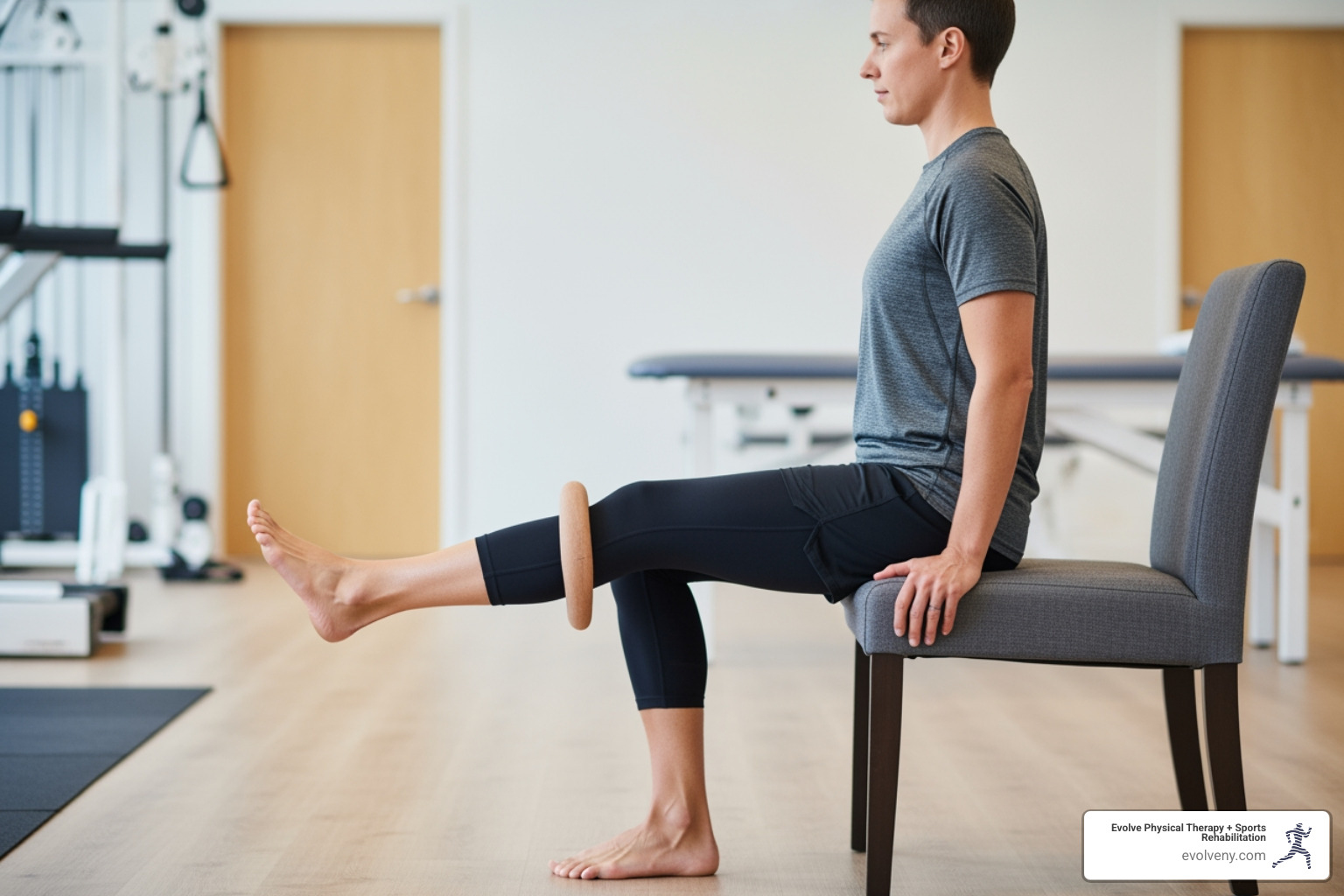 person demonstrating seated hip internal rotation self-assessment - limited hip internal rotation