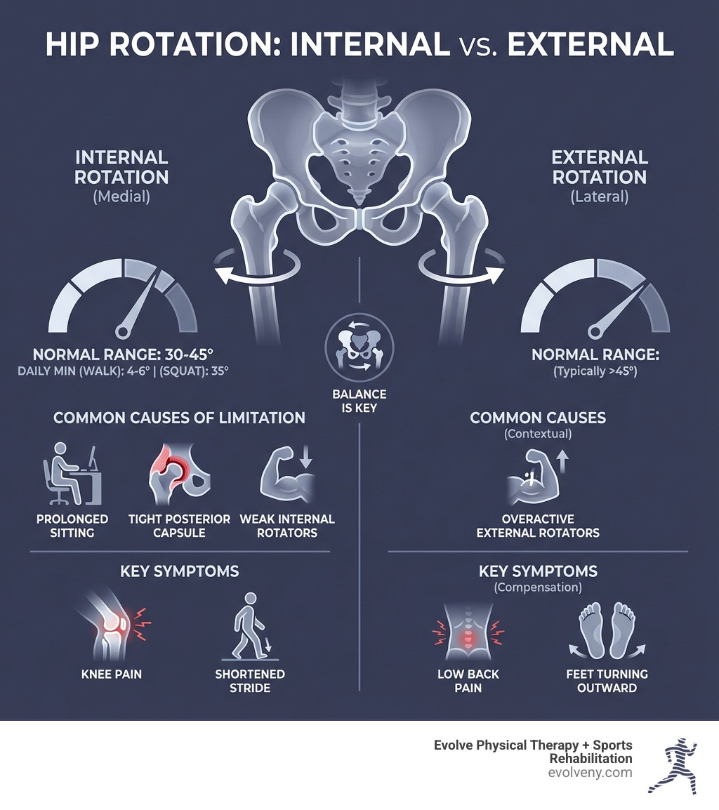 Infographic showing hip internal rotation versus external rotation with normal range values, common causes of limitation including tight posterior capsule and weak internal rotators, and key symptoms like knee pain and shortened stride - limited hip internal rotation infographic 