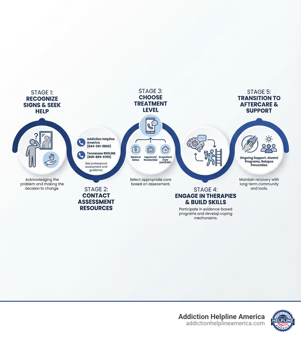 Infographic showing the path to recovery in Tennessee: Stage 1 - Recognizing the signs of alcohol addiction and seeking help, Stage 2 - Contacting resources like Addiction Helpline America or Tennessee REDLINE for assessment, Stage 3 - Choosing the right treatment level including detox, inpatient, or outpatient care, Stage 4 - Engaging in evidence-based therapies and building recovery skills, Stage 5 - Transitioning to aftercare with ongoing support, alumni programs, and relapse prevention - alcohol rehab tennessee infographic Infographic showing the path to recovery in Tennessee: Stage 1 - Recognizing the signs of alcohol addiction and seeking help, Stage 2 - Contacting resources like Addiction Helpline America or Tennessee REDLINE for assessment, Stage 3 - Choosing the right treatment level including detox, inpatient, or outpatient care, Stage 4 - Engaging in evidence-based therapies and building recovery skills, Stage 5 - Transitioning to aftercare with ongoing support, alumni programs, and relapse prevention - alcohol rehab tennessee infographic