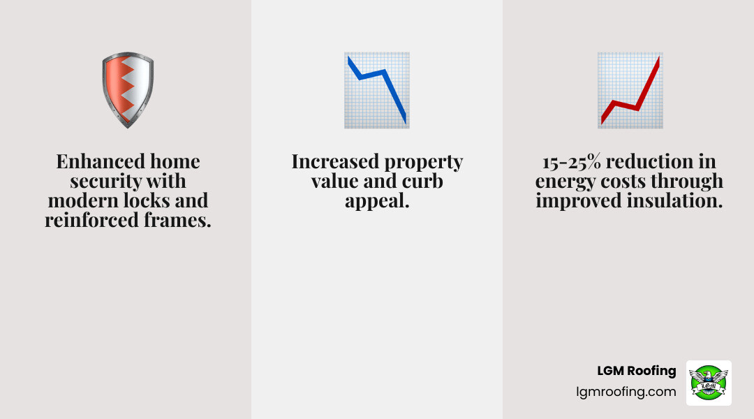 Infographic showing three key benefits of professional door installation: a shield icon representing enhanced home security with modern locks and reinforced frames, a dollar sign with downward arrow showing 15-25% reduction in energy costs through improved insulation, and a house with upward trending arrow indicating increased property value and curb appeal - door installation bloomfield nj infographic 3_facts_emoji_grey