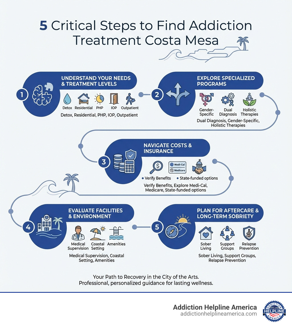 Infographic showing the 5 critical steps to finding addiction treatment Costa Mesa: Step 1 - Understand your needs and treatment levels (detox, residential, PHP, IOP, outpatient); Step 2 - Explore specialized programs (dual diagnosis, gender-specific, holistic therapies); Step 3 - Navigate costs and insurance (verify benefits, explore Medi-Cal, Medicare, state-funded options); Step 4 - Evaluate facilities and environment (medical supervision, coastal setting, amenities); Step 5 - Plan for aftercare and long-term sobriety (sober living, support groups, relapse prevention) - addiction treatment Costa Mesa infographic Infographic showing the 5 critical steps to finding addiction treatment Costa Mesa: Step 1 - Understand your needs and treatment levels (detox, residential, PHP, IOP, outpatient); Step 2 - Explore specialized programs (dual diagnosis, gender-specific, holistic therapies); Step 3 - Navigate costs and insurance (verify benefits, explore Medi-Cal, Medicare, state-funded options); Step 4 - Evaluate facilities and environment (medical supervision, coastal setting, amenities); Step 5 - Plan for aftercare and long-term sobriety (sober living, support groups, relapse prevention) - addiction treatment Costa Mesa infographic