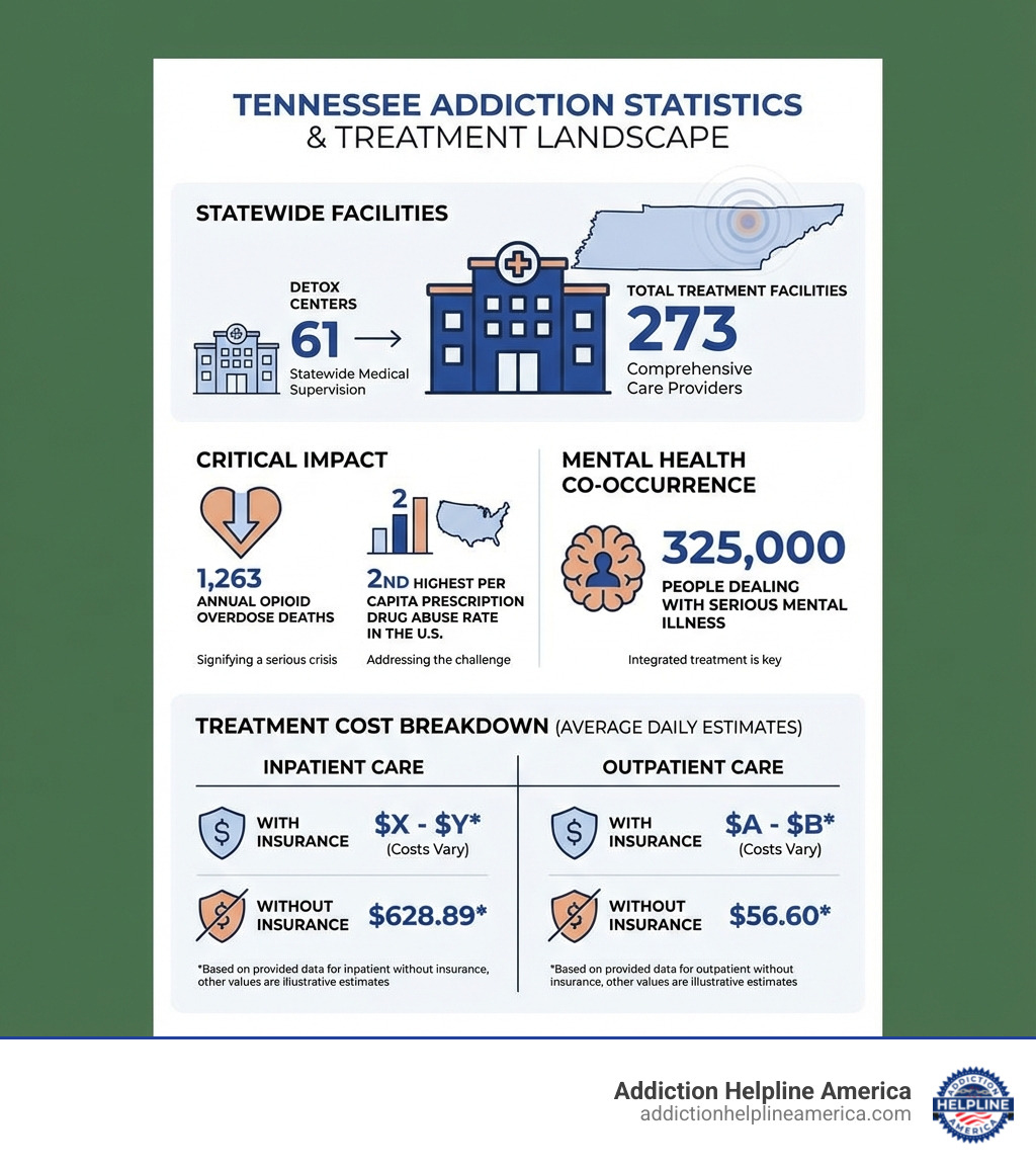 infographic showing Tennessee addiction statistics including 61 detox centers statewide, 273 total treatment facilities, 1,263 annual opioid overdose deaths, second-highest per capita prescription drug abuse rate in the U.S., 325,000 people dealing with serious mental illness, and breakdown of treatment costs with and without insurance for inpatient and outpatient care - detox centers in tennessee infographic infographic showing Tennessee addiction statistics including 61 detox centers statewide, 273 total treatment facilities, 1,263 annual opioid overdose deaths, second-highest per capita prescription drug abuse rate in the U.S., 325,000 people dealing with serious mental illness, and breakdown of treatment costs with and without insurance for inpatient and outpatient care - detox centers in tennessee infographic