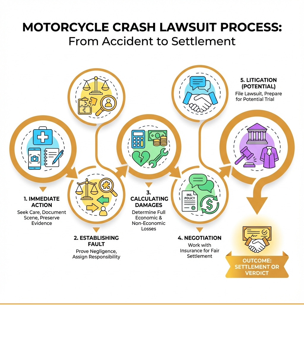 infographic showing the step-by-step process of a motorcycle crash lawsuit from accident scene to settlement, including immediate actions, fault determination, damage calculation, negotiation, and potential trial - motorcycle crash lawsuit infographic infographic showing the step-by-step process of a motorcycle crash lawsuit from accident scene to settlement, including immediate actions, fault determination, damage calculation, negotiation, and potential trial - motorcycle crash lawsuit infographic