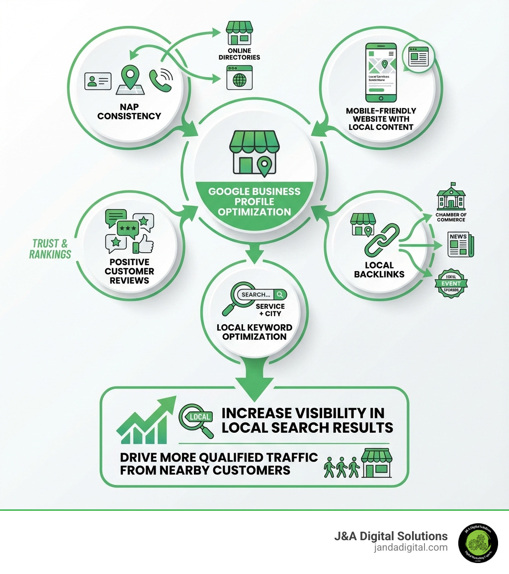 Infographic showing the local SEO ecosystem: Google Business Profile optimization at the center, connected to NAP consistency across directories, mobile-friendly website with local content, positive customer reviews, local backlinks from community organizations, and local keyword optimization - all working together to increase visibility in local search results and drive more qualified traffic from nearby customers - increase local website traffic infographic 
