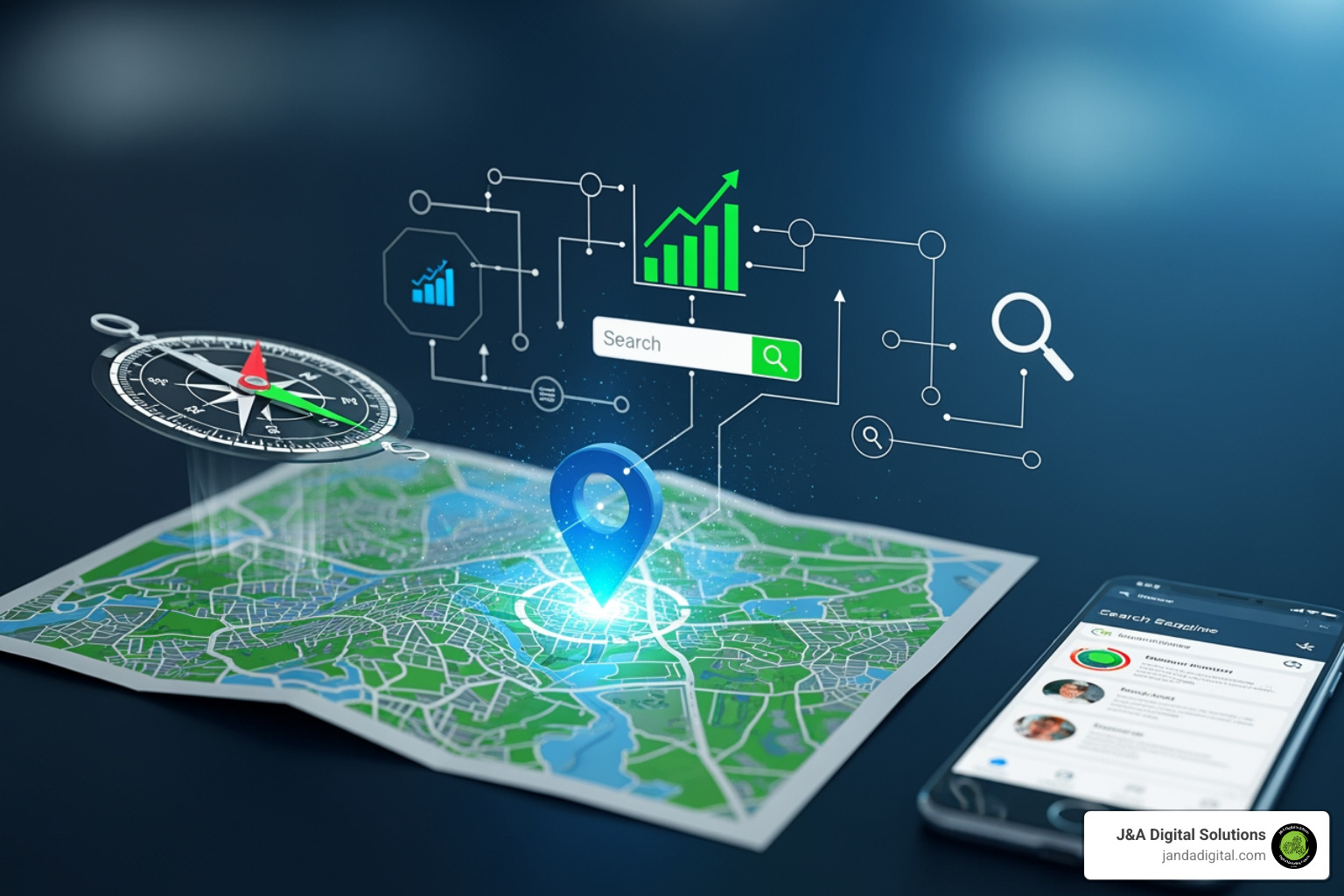 A compass pointing to a "local" icon on a map, surrounded by text bubbles for Local SEO, Google ranking factors, NAP consistency, and Mobile-first design - increase local website traffic