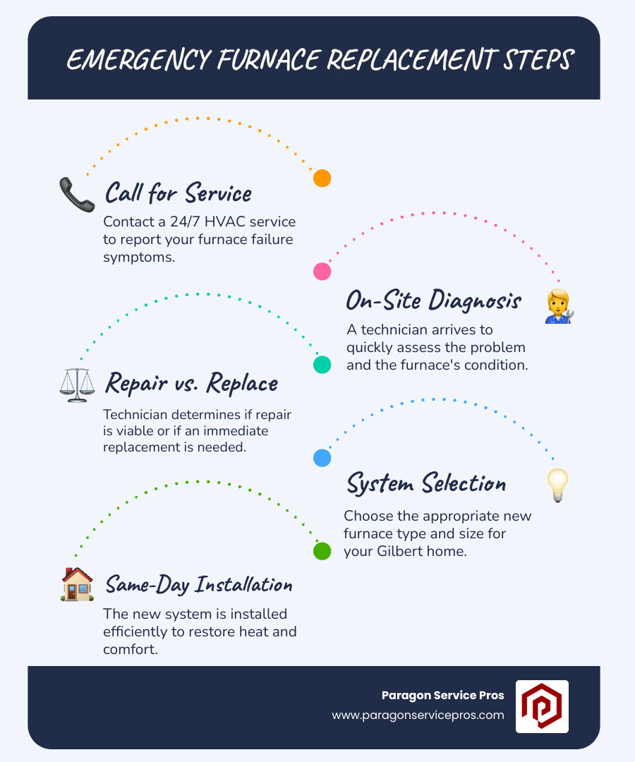 Infographic showing the 5 steps of emergency furnace replacement: 1. Call 24/7 service hotline and describe furnace failure symptoms, 2. Technician arrives for on-site diagnosis within hours, 3. Assess whether repair or replacement is needed based on age and damage, 4. Select appropriate furnace type and size for your Gilbert home, 5. Complete same-day installation and restore heat - emergency furnace replacement in gilbert, az infographic infographic-line-5-steps-blues-accent_colors Infographic showing the 5 steps of emergency furnace replacement: 1. Call 24/7 service hotline and describe furnace failure symptoms, 2. Technician arrives for on-site diagnosis within hours, 3. Assess whether repair or replacement is needed based on age and damage, 4. Select appropriate furnace type and size for your Gilbert home, 5. Complete same-day installation and restore heat - emergency furnace replacement in gilbert, az infographic infographic-line-5-steps-blues-accent_colors