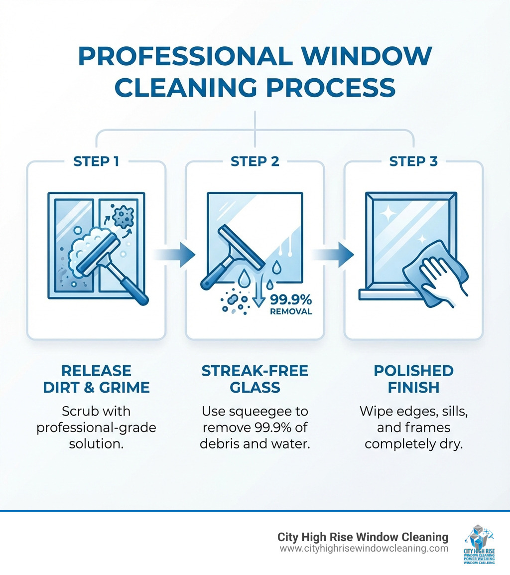 Infographic showing the professional window cleaning process: Step 1 - Scrub windows with professional-grade solution to release dirt and grime; Step 2 - Use squeegee to remove 99.9% of debris and water for streak-free glass; Step 3 - Wipe edges, sills, and frames completely dry for a polished finish - residential window cleaning westchester county ny infographic Infographic showing the professional window cleaning process: Step 1 - Scrub windows with professional-grade solution to release dirt and grime; Step 2 - Use squeegee to remove 99.9% of debris and water for streak-free glass; Step 3 - Wipe edges, sills, and frames completely dry for a polished finish - residential window cleaning westchester county ny infographic
