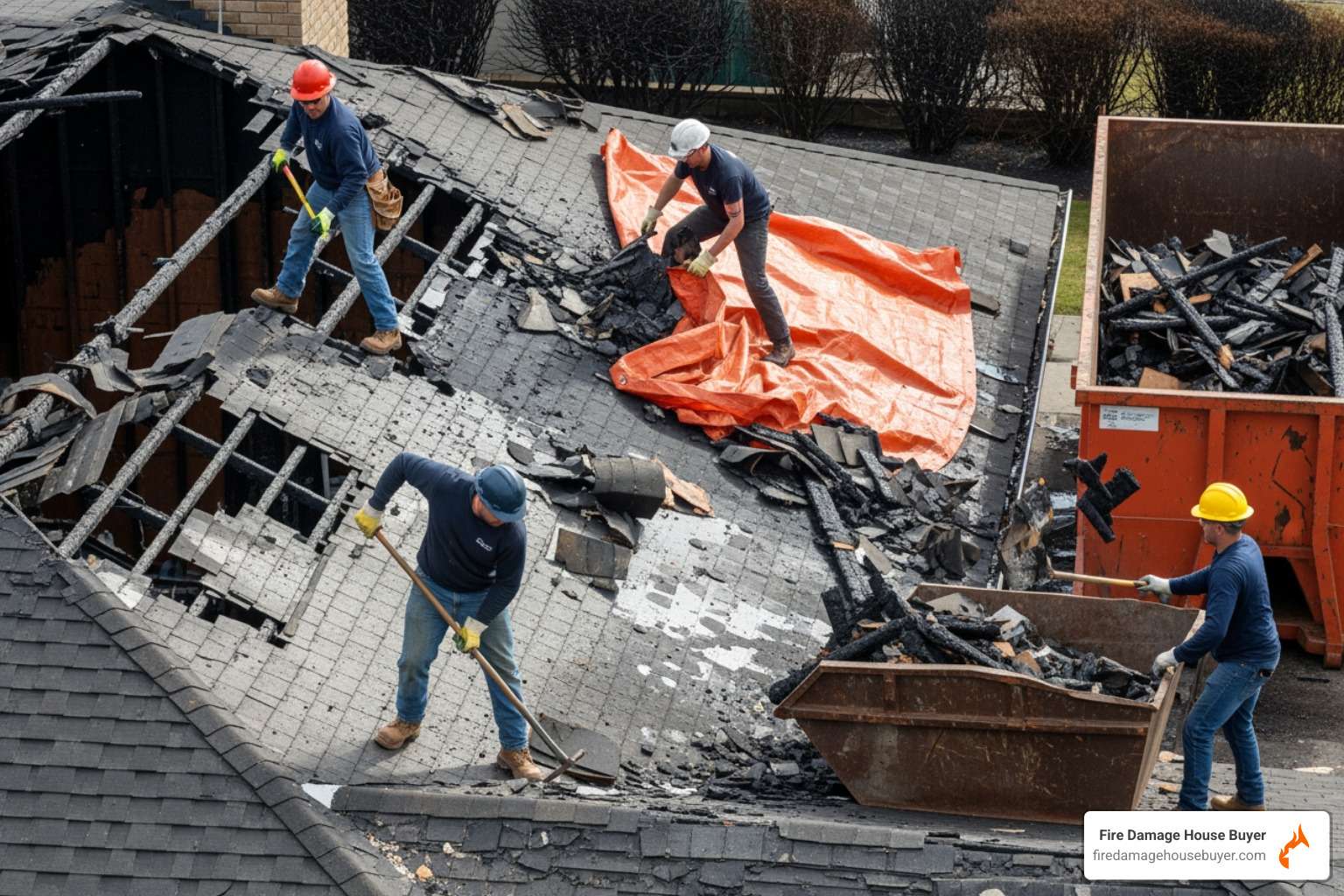 construction crew removing old, burnt roofing materials from a house - fire damage roof repair construction crew removing old, burnt roofing materials from a house - fire damage roof repair