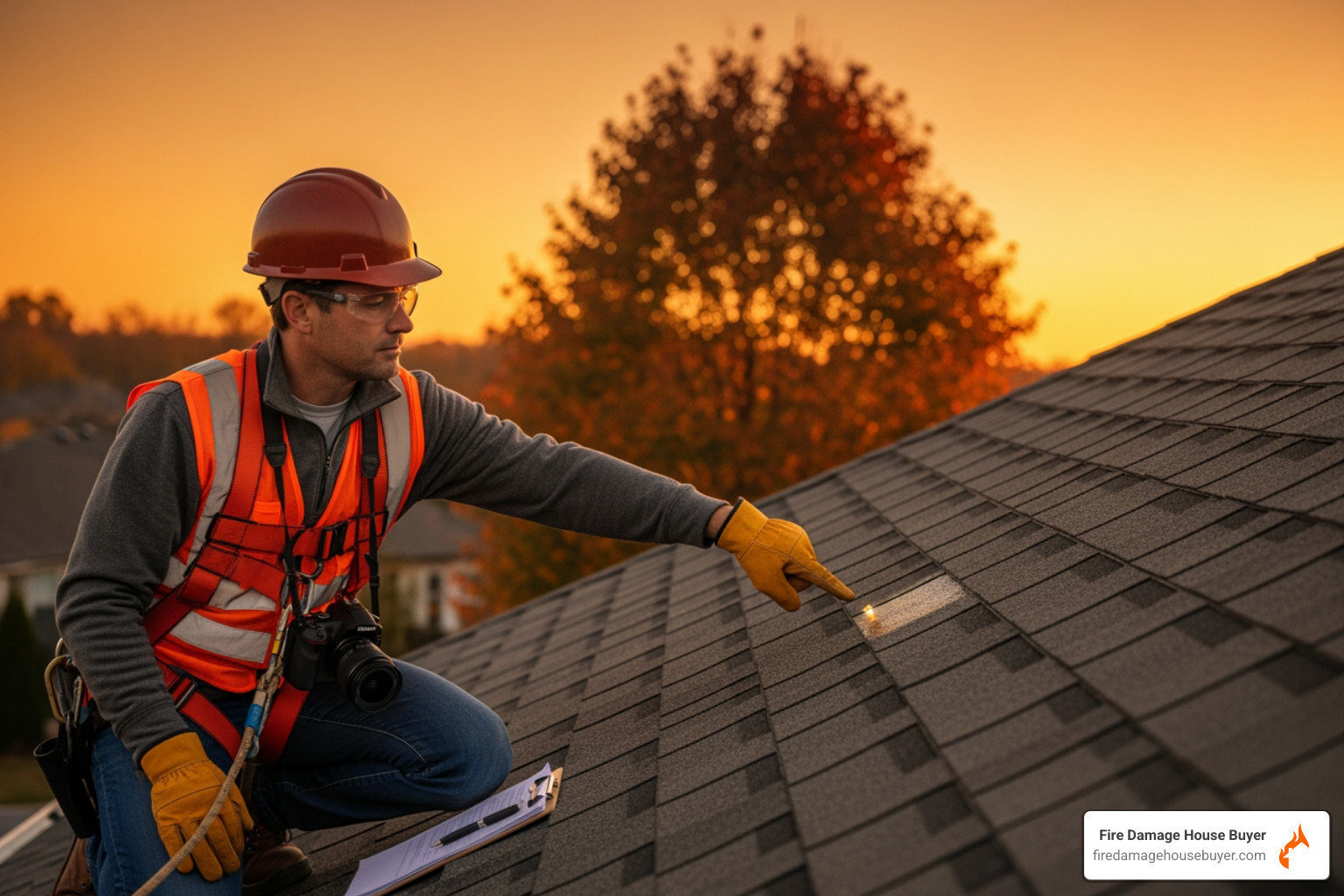 professional inspector on a roof pointing out subtle heat damage to shingles - fire damage roof repair professional inspector on a roof pointing out subtle heat damage to shingles - fire damage roof repair