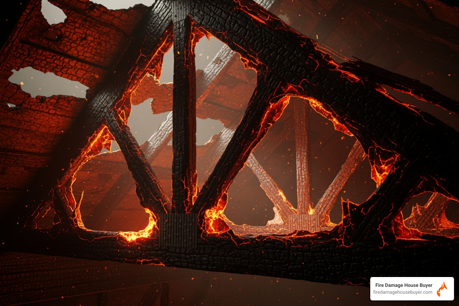 severely charred roof truss system inside an attic, highlighting structural failure - fire damage roof repair severely charred roof truss system inside an attic, highlighting structural failure - fire damage roof repair