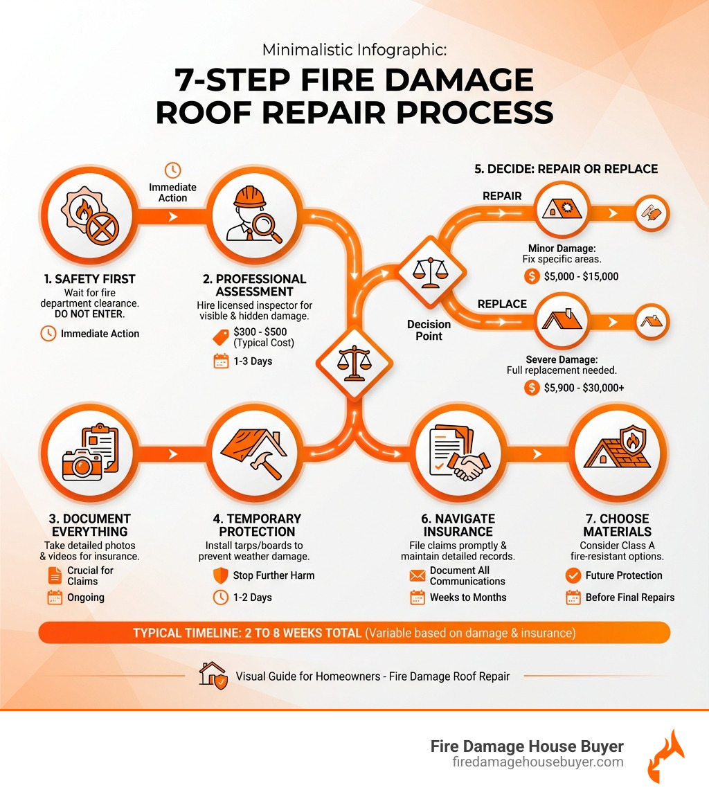 detailed infographic showing the seven-step fire damage roof repair process with cost ranges, timelines, and decision points at each stage, featuring orange accent colors - fire damage roof repair infographic detailed infographic showing the seven-step fire damage roof repair process with cost ranges, timelines, and decision points at each stage, featuring orange accent colors - fire damage roof repair infographic