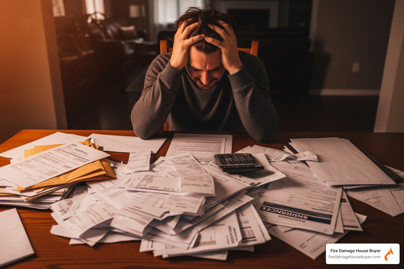 homeowner looking stressed while reviewing a pile of bills and insurance documents - fire damage roof repair homeowner looking stressed while reviewing a pile of bills and insurance documents - fire damage roof repair