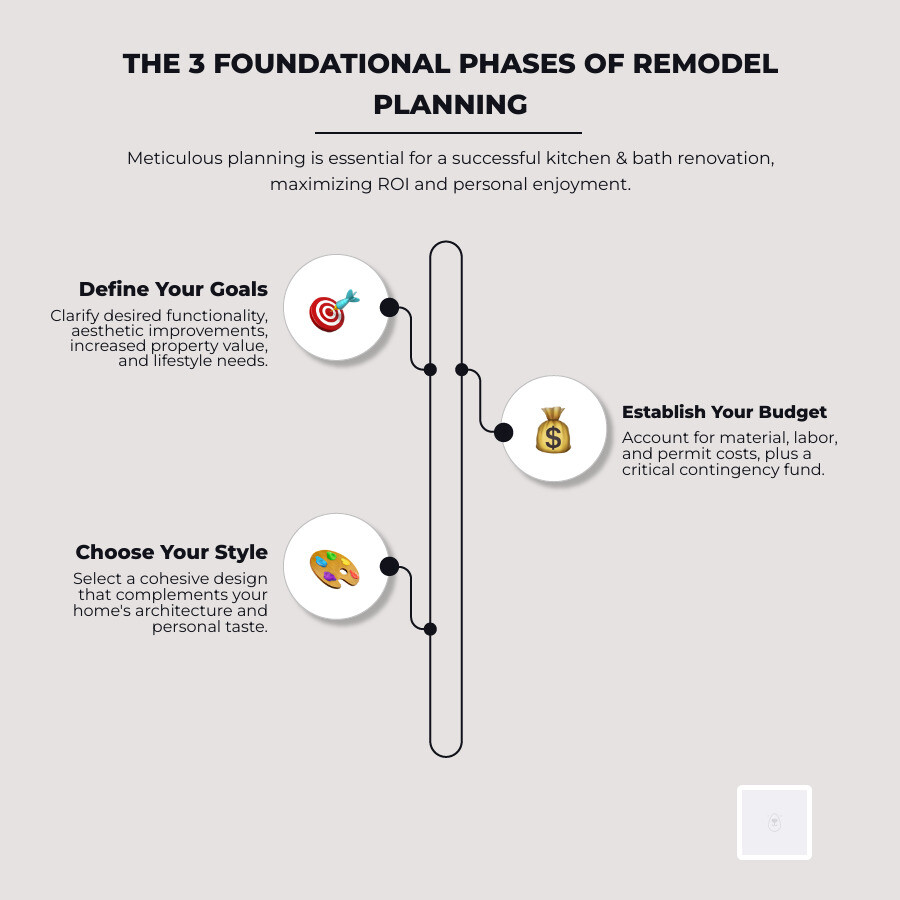 Infographic explaining the 6 key phases of a kitchen and bath remodel from planning to completion. - Interior Home Renovation infographic infographic-line-3-steps-elegant_beige