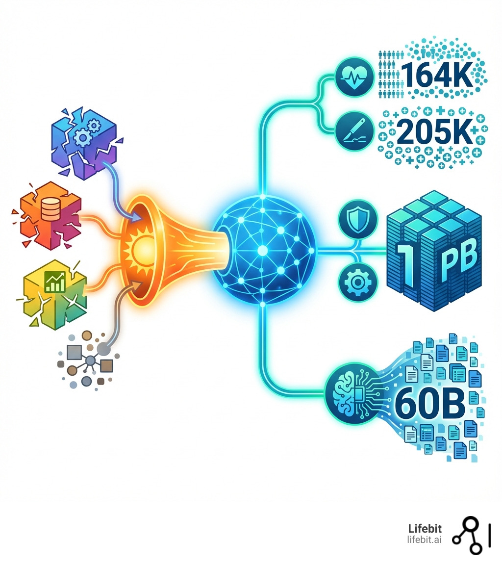 Infographic showing the transformation from fragmented legacy systems (AHLTA, MDR, M2, multiple disconnected databases) flowing through Operation Helios into the unified MHS Information Platform, then connecting to three key outcomes: Clinical Decision Support, Military Readiness Analytics, and AI/ML Research Capabilities. Each outcome shows specific metrics: 164K daily patient encounters, 205K daily procedures, 1 petabyte of data, and 60 billion records annually - defense health agency data platform infographic 