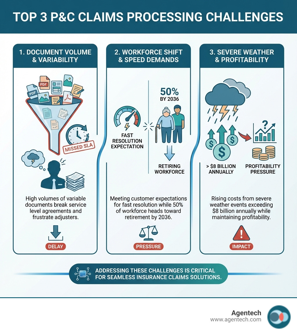Infographic explaining the top 3 challenges in P&C claims processing today: 1) Managing high volumes of variable claims documents that break service level agreements and frustrate adjusters, 2) Meeting customer expectations for fast resolution while 50% of workforce heads toward retirement by 2036, and 3) Rising costs from severe weather events exceeding $8 billion annually while maintaining profitability - Insurance claims solutions infographic