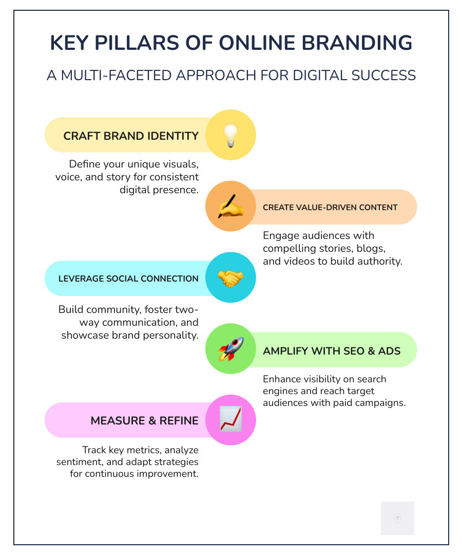 Key Pillars of a Multi-Faceted Online Brand Strategy - Online Branding infographic infographic-line-5-steps-colors