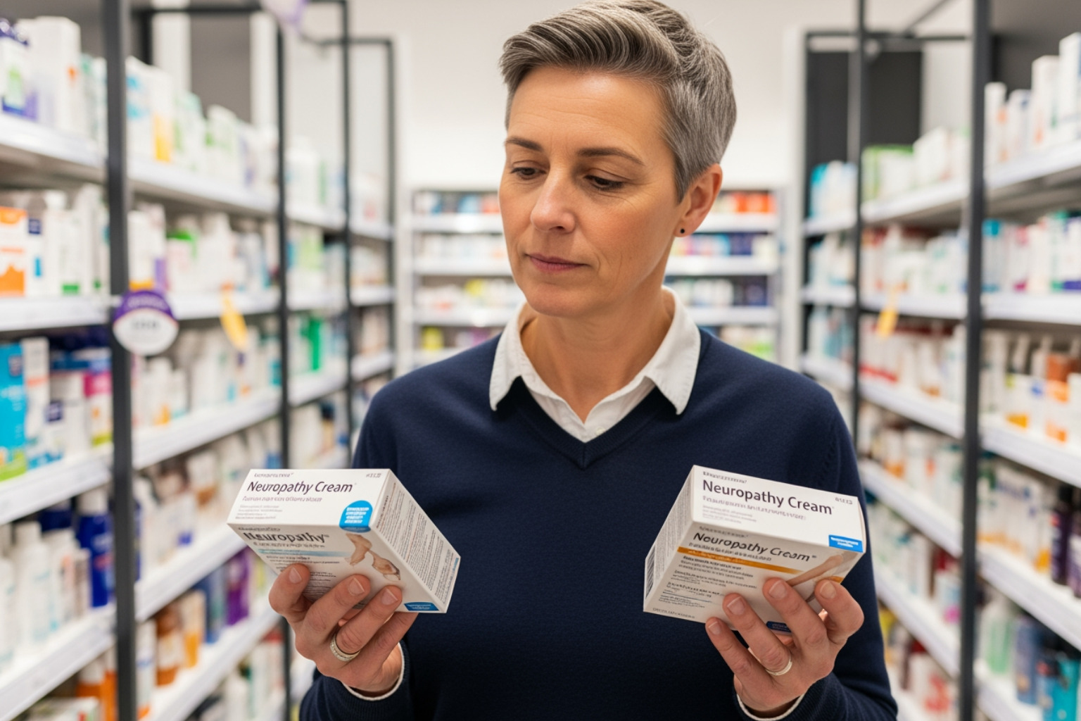 A person in a store aisle comparing two different boxes of neuropathy cream, looking thoughtful - Neuropathy cream