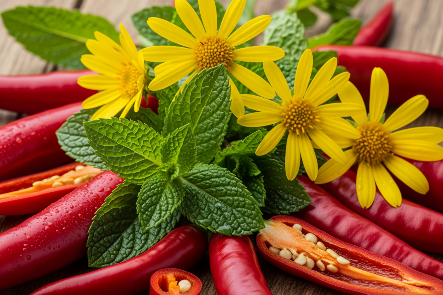 different natural ingredient sources like mint leaves, arnica flowers, and chili peppers - rub pain relief