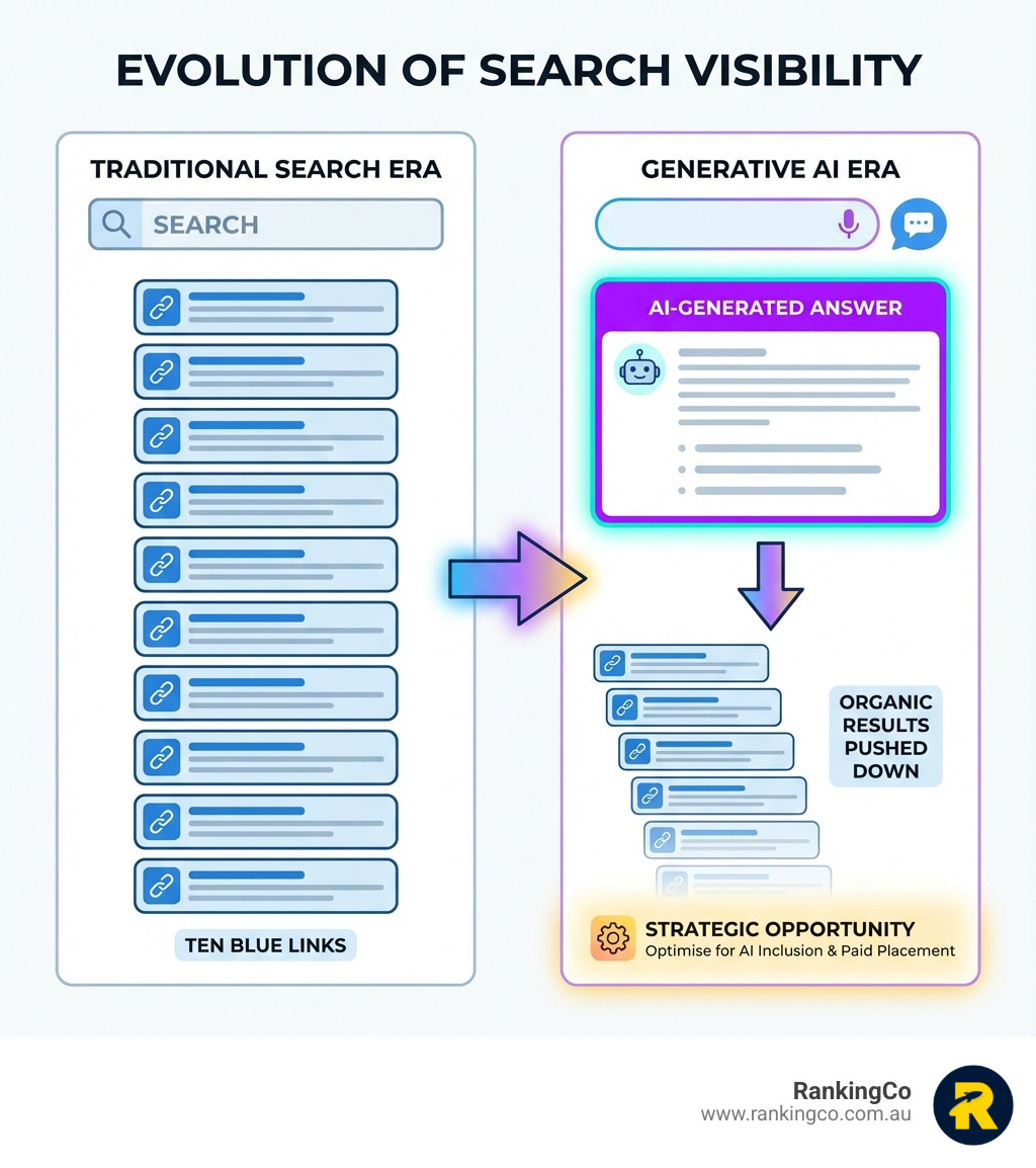 Infographic showing the evolution from traditional search results with ten blue links to AI-generated answers at the top of the page, with organic results pushed down below - how marketers can use AI infographic Infographic showing the evolution from traditional search results with ten blue links to AI-generated answers at the top of the page, with organic results pushed down below - how marketers can use AI infographic