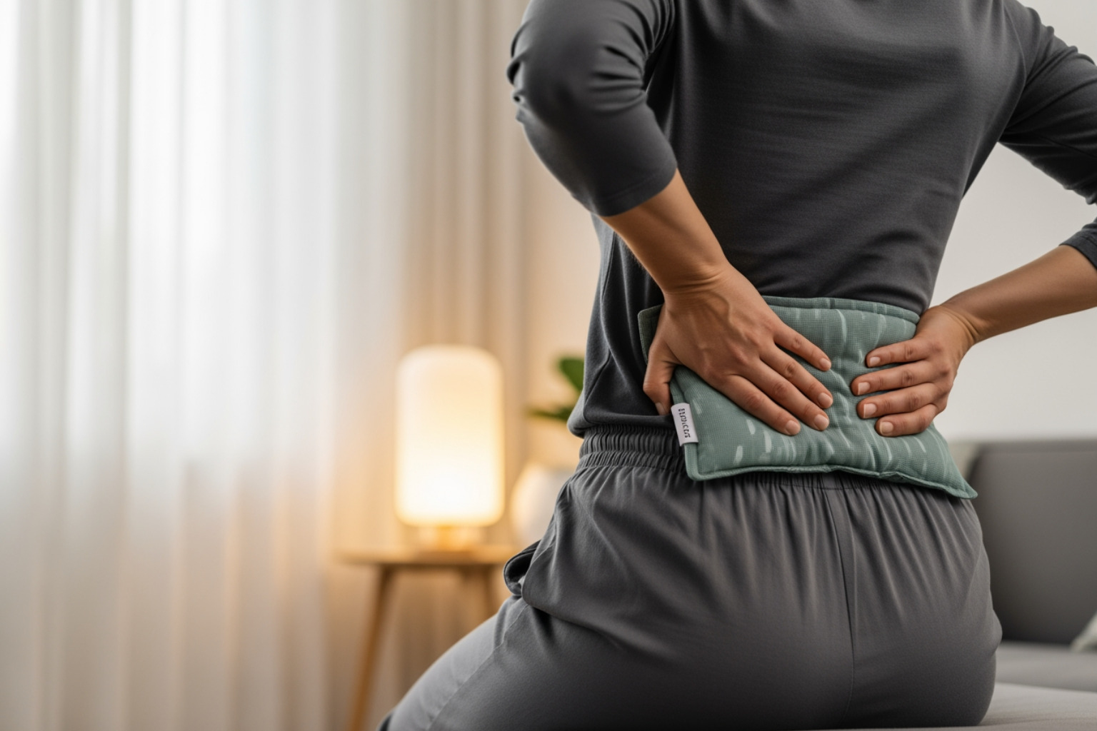 person applying hot pack to their lower back - how to get rid of lower back pain