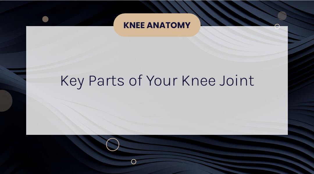infographic showing knee anatomy with labeled parts including patella, femur, tibia, meniscus, ACL, PCL, MCL, LCL, and quadriceps and hamstring muscles with arrows indicating common pain points - relieve sore knees infographic simple-info-landscape-card-dark