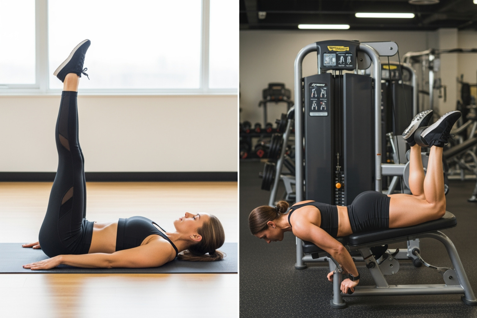 collage of someone performing a straight leg raise and a hamstring curl - relieve sore knees