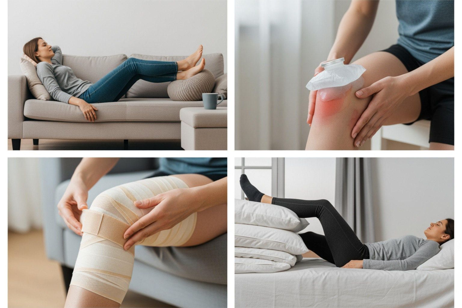 illustrating the four steps of the R.I.C.E. method: Rest, Ice, Compression, Elevation - relieve sore knees