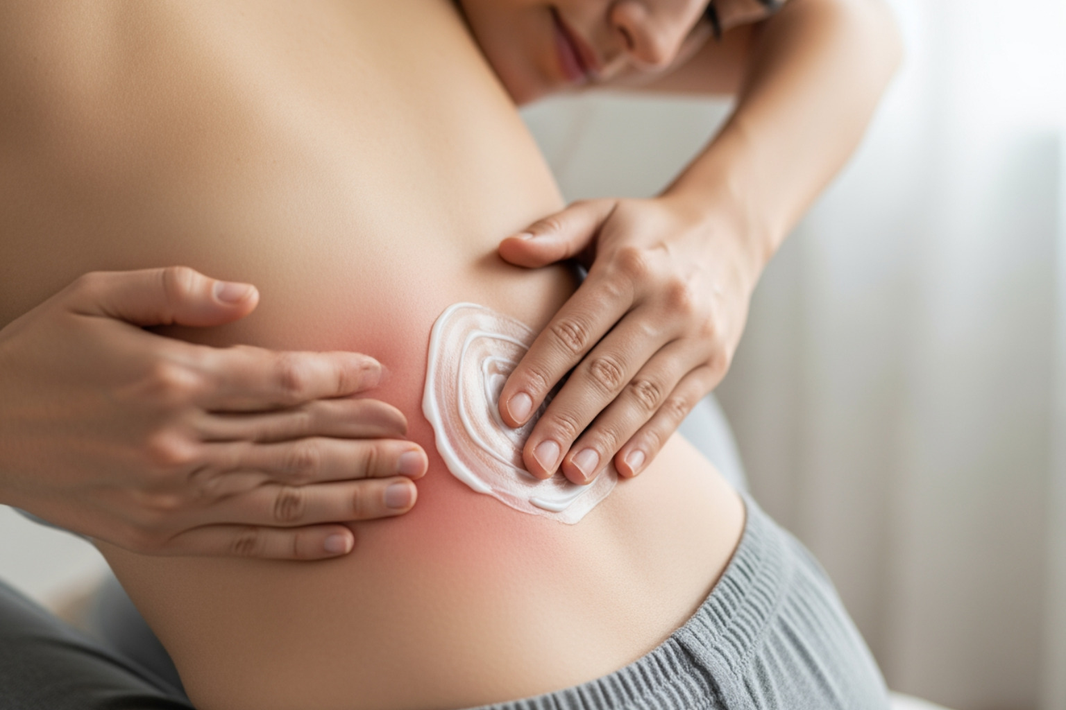 A person gently massaging a topical pain relief cream onto their lower back to soothe soreness - how to relieve lower back soreness A person gently massaging a topical pain relief cream onto their lower back to soothe soreness - how to relieve lower back soreness