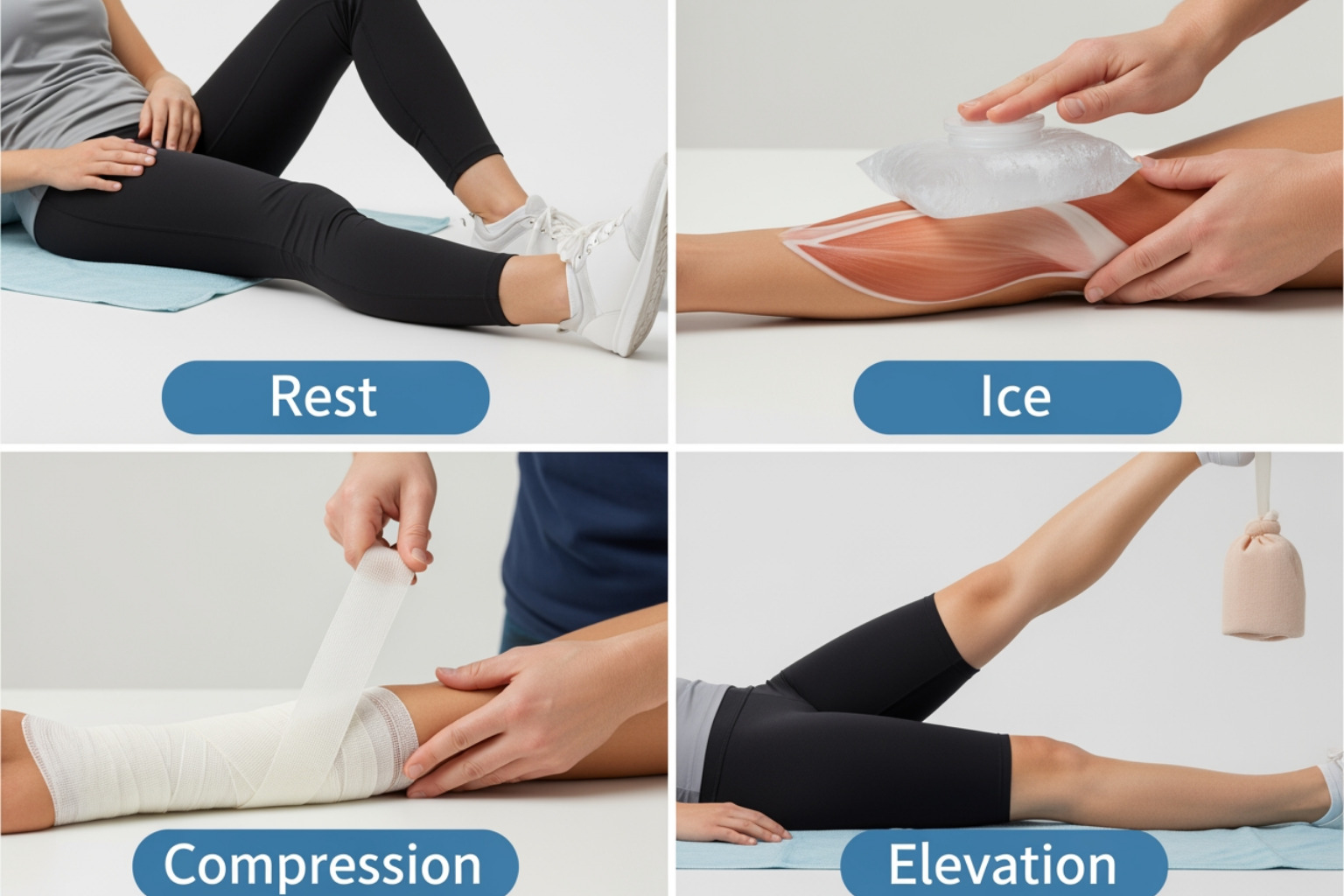 illustrating the four steps of the R.I.C.E. method - What helps sore muscles?
