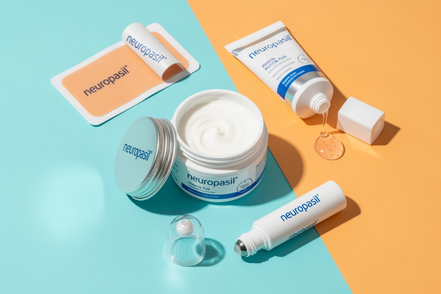 different Neuropasil muscle rub formats: a cream, a gel, a roll-on stick, and a patch - muscle rub different Neuropasil muscle rub formats: a cream, a gel, a roll-on stick, and a patch - muscle rub