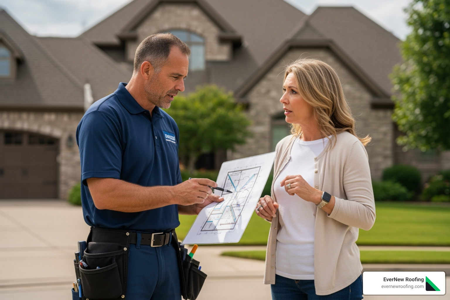 A roofer providing a quote to a homeowner, pointing at a roof diagram - Lynn roof replacement