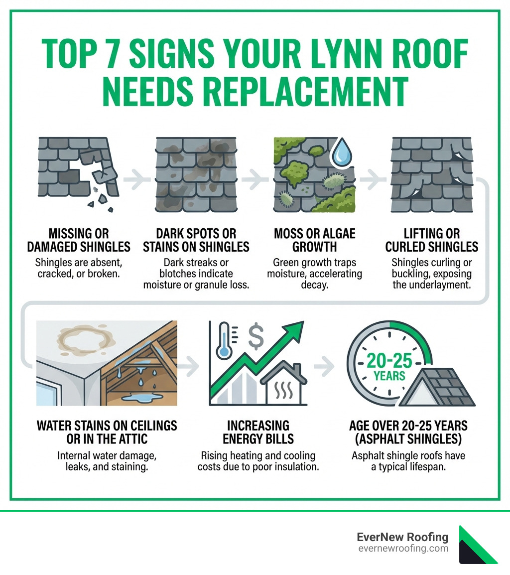 Infographic showing the top 7 signs your Lynn roof needs replacement: missing or damaged shingles, dark spots or stains on shingles, moss or algae growth, lifting or curled shingles, water stains on ceilings or in the attic, increasing energy bills, and age over 20-25 years for asphalt shingles - Lynn roof replacement infographic 