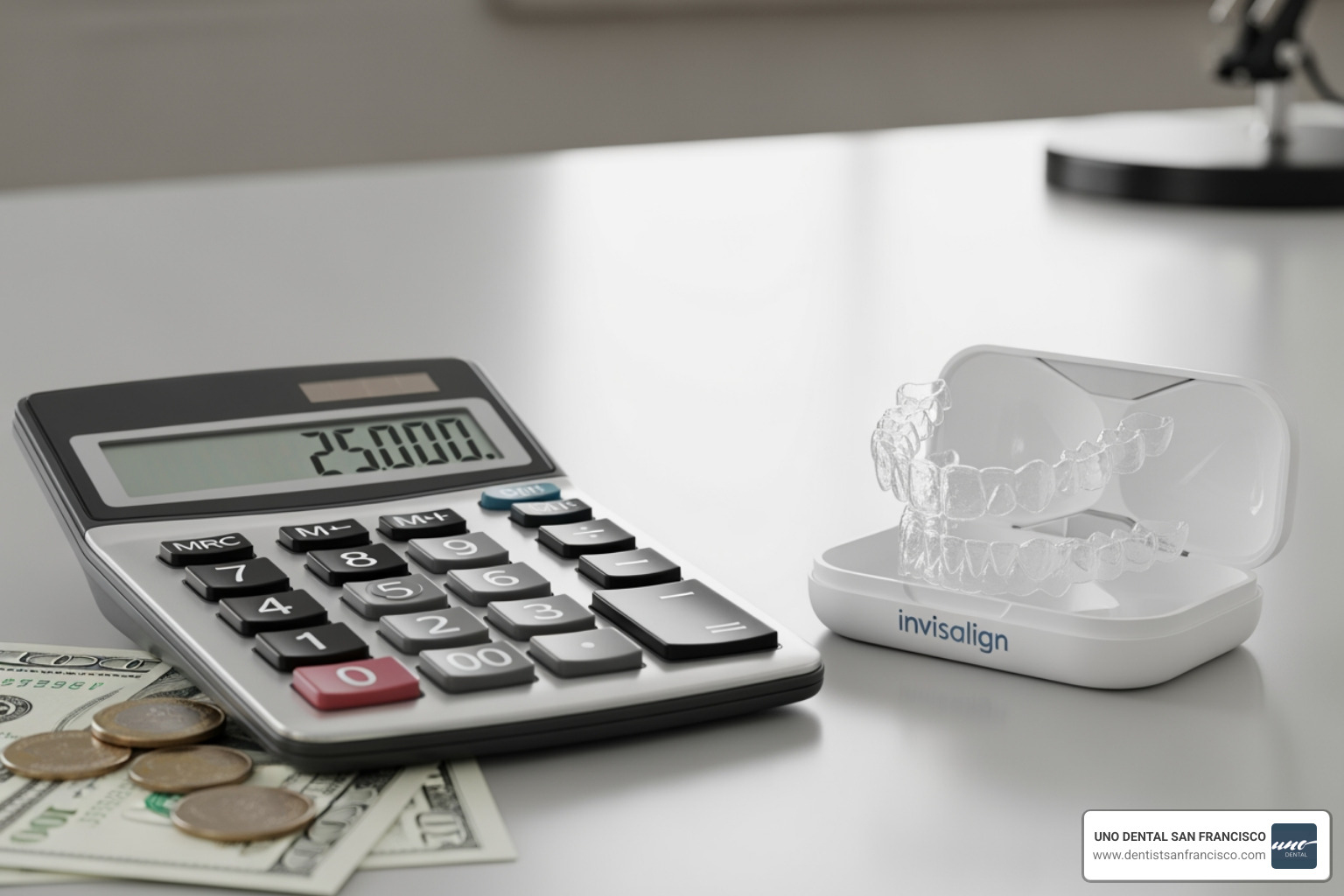 A calculator next to a set of Invisalign aligners, symbolizing the financial aspect of treatment - invisalign discount San Francisco A calculator next to a set of Invisalign aligners, symbolizing the financial aspect of treatment - invisalign discount San Francisco