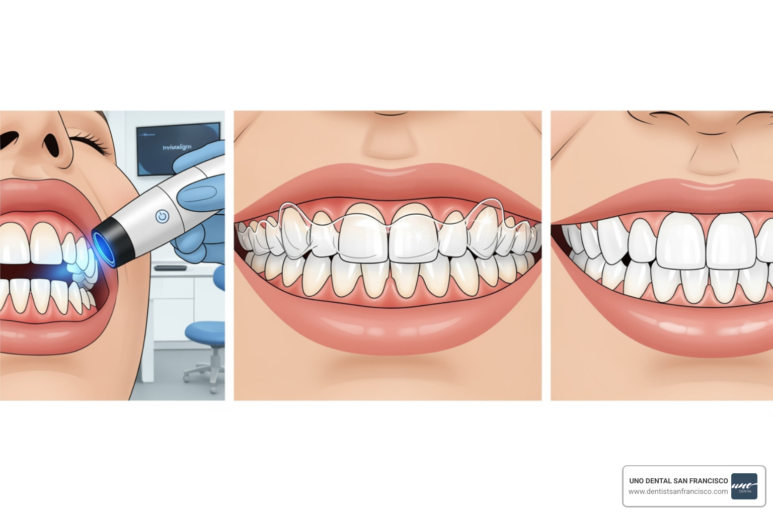 An illustration depicting the Invisalign treatment process, from initial digital scan to the final, straightened smile - invisalign discount San Francisco An illustration depicting the Invisalign treatment process, from initial digital scan to the final, straightened smile - invisalign discount San Francisco