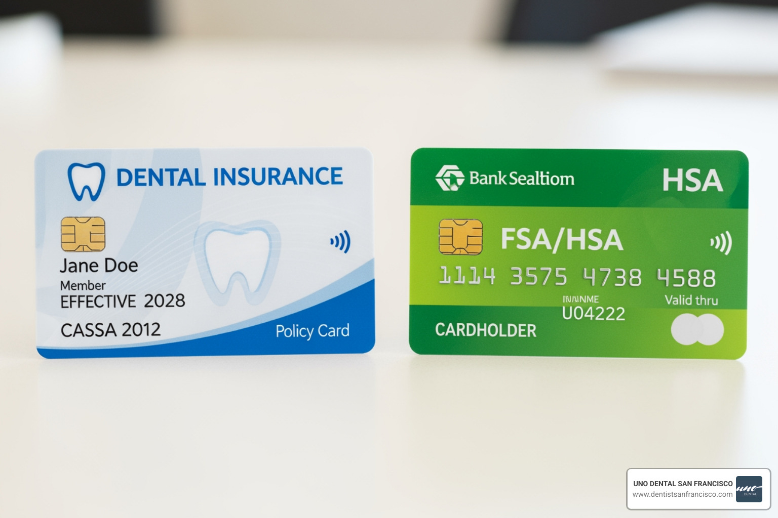 A dental insurance card and an FSA/HSA card, representing options for financial coverage - invisalign discount San Francisco A dental insurance card and an FSA/HSA card, representing options for financial coverage - invisalign discount San Francisco