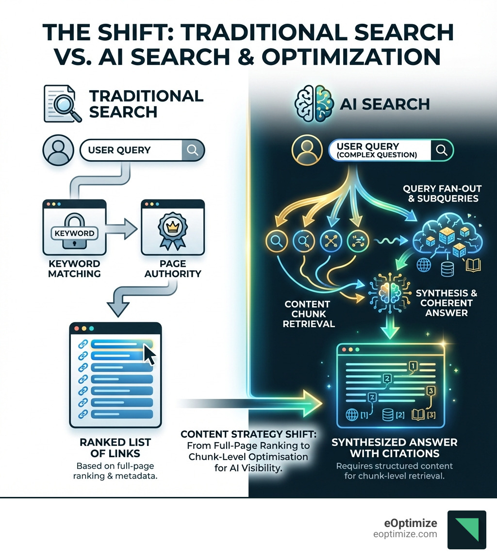 Infographic showing how traditional search returns a ranked list of links based on keyword matching and page authority, while AI search uses query fan-out to break questions into subqueries, retrieves relevant content chunks from multiple sources, synthesizes information into a coherent answer, and cites specific sourcesrequiring content to be structured for chunk-level retrieval rather than full-page ranking - AI content optimization infographic 